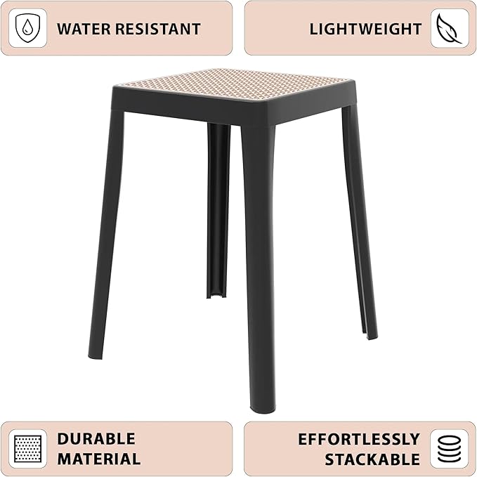 LeisureMod Tresse Mid-Century Modern Square Plastic Dining Stool Set of 2, Stackable Accent Stools with Breathable Seat, Lightweight Seating for Kitchen, Dining Room, Bedroom, or Entryway (Black)