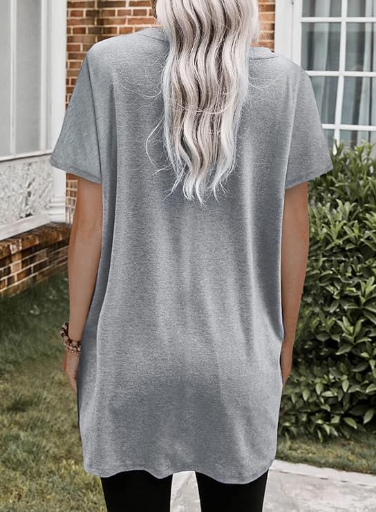 Poetsky Summer Womens Tunic Tops for Leggings with Pockets Short Sleeve Casual Long T Shirts S-3XL