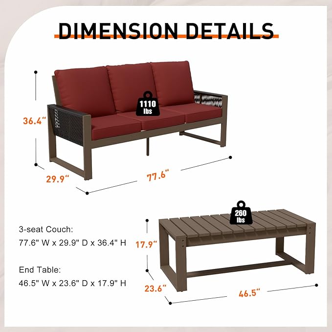 INTER HUT Rustic Hideaway Natural Cedar Wood Outdoor Furniture Set, Wicker Patio Conversation Set for Porch Garden Backyard, Couch and Coffee Table, 2 Piece, Brownish/Red