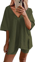 Ekouaer Womens Pajamas 2 Piece Lounge Sets Oversized V Neck T-Shirts Tops Biker Shorts Set Workout Reversible Tracksuit S-XXL