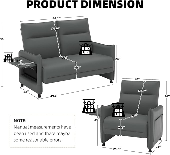 3-Piece Living Room Sofa Set, Faux Leather Loveseat & Accent Chairs Set of 2 with Hidden Foldable Tray & Side Pocket, Front Contour Arm Design, Upholstered Sofa Set for Office, Gray