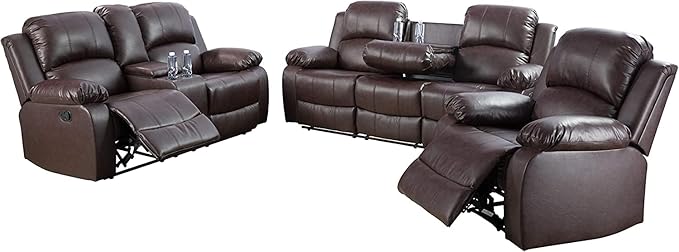 AYCP Bonded Leather Living Room Furniture Set Reclining Sofa Set Loveseat Furniture Sets in Living Room Sofa Recliners (3 Pieces, Brown)