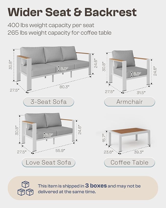 Oasbira Aluminum Outdoor Patio Furniture Set with Coffee Table, 4 Piece Outdoor Conversation Sets with Washable Thick Cushions, Patio Sectional Furniture Set for Porch, Balcony, Deck, White