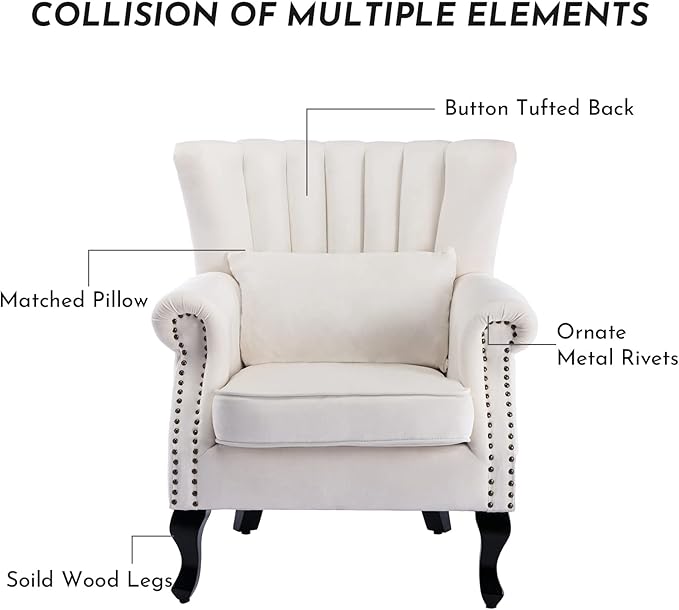 LZAREAL Accent Reading Arm Chairs Set of 2 Midcentury Modern Comfy Corner Sofa Chair, Wingback Waiting Room Club Chair with Tufted Back for Living Room/Bedroom/Reception Room, Velvet Cream