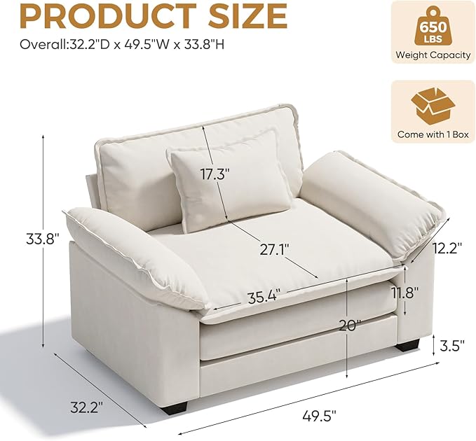 HUSFU 49.5'' W Oversized Accent Chair, Cloud Sofa Chair with Deep Seat and Extra Wide Armrests, Comfy Reading Armchair for Bedroom, Living Room, Set of 2, Beige