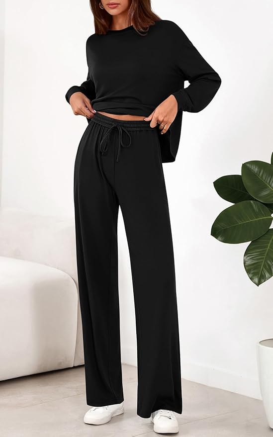 PRETTYGARDEN Womens 2 Pieces Lounge Sets Crewneck Long Sleeve Wide Leg Drawstring Pants Tracksuits Loose Fit Outfits Set