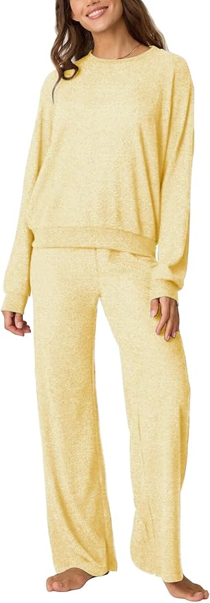 Aamikast Women's 2-Piece Lounge Set Soft Brushed Jersey Sleepwear Pajamas Set Long Sleeve Top & Wide Leg Pants