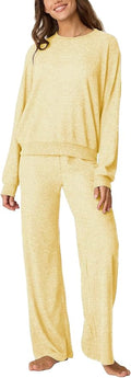 Aamikast Women's 2-Piece Lounge Set Soft Brushed Jersey Sleepwear Pajamas Set Long Sleeve Top & Wide Leg Pants