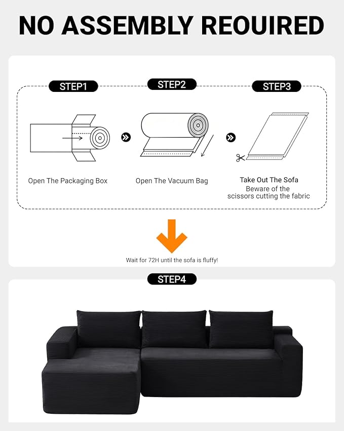 97" Cloud Sectional Couch,Modern Modular Sectional Sofa with Deep Seat,Corduroy Boneless Couches with L-Shape Chaise for Living Room Bedroom,No Assembly Required (Black, 97" Left Facing Chaise)