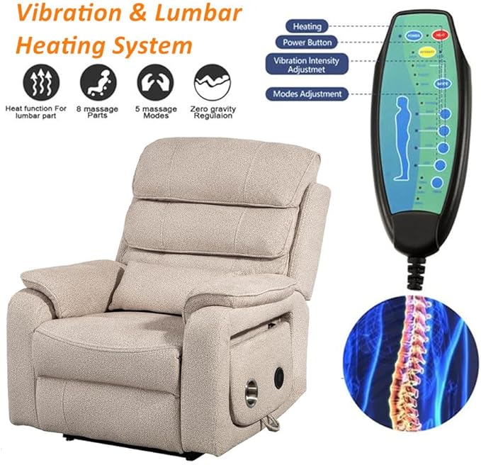Beige Recliner Chair for Elderly | Tall and Big Man 400lbs | Chenille | Power Lift, Lay Flat, Stand Up, Wireless Charging Device, Extended Footrest, Massage Heat, Cup Holder, Lumbar Pillow