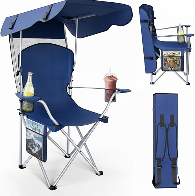 CozyBox Portable Folding Camping Chairs with Canopy Shade, Beach Chair for Adults, Durable Weather Resistant 600D Oxford Cloth, Camping Chair with Canopy for Outdoors [Navy]