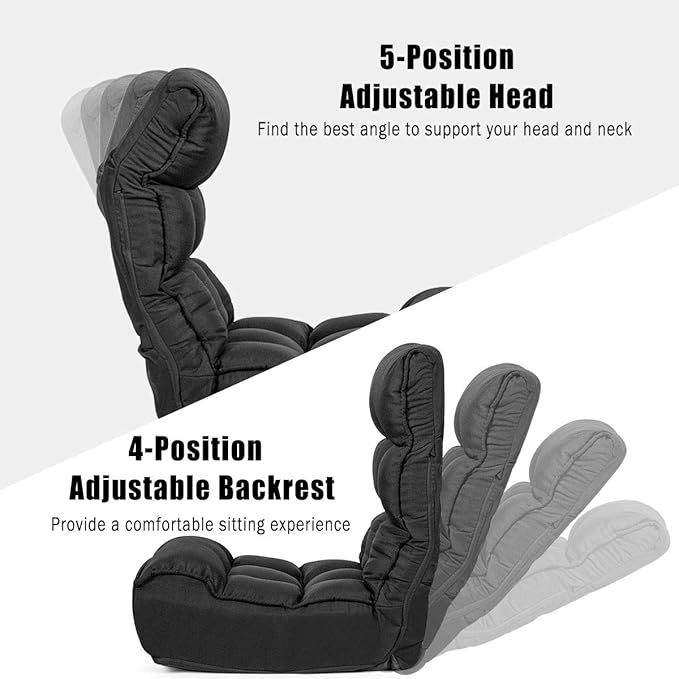 S AFSTAR Folding Floor Chair, Floor Gaming Chair with 5-Position Adjustable Headrest & 4-Position Backrest, Side Pocket & Thicken Cushion, Padded Floor Seat Lazy Chair for Living Room Bedroom