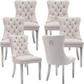 YeahFurn Mid Century Modern Dining Chairs Set of 6, Beige Velvet Upholstered Tufted Back, Kitchen & Dining Room Chairs, Brushed Silver Metal Legs, Nailhead Trim, Sillas para Comedor (Beige, 6 Pcs)