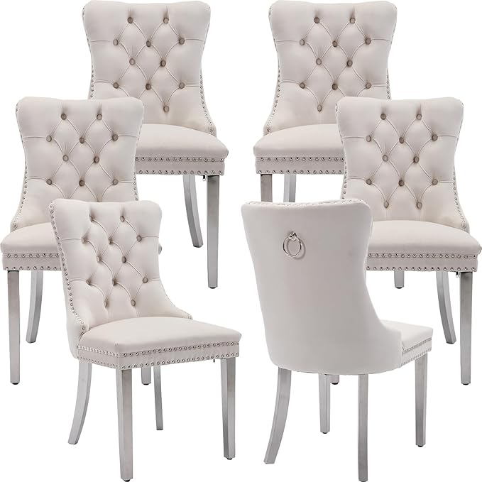 YeahFurn Mid Century Modern Dining Chairs Set of 6, Beige Velvet Upholstered Tufted Back, Kitchen & Dining Room Chairs, Brushed Silver Metal Legs, Nailhead Trim, Sillas para Comedor (Beige, 6 Pcs)