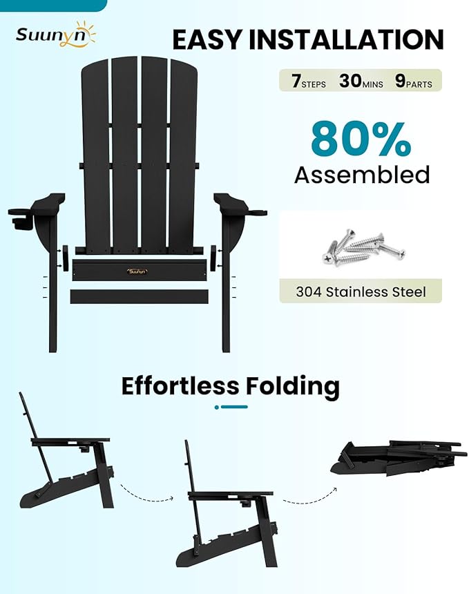 Folding Adirondack Chair 6 Pack, HDPE All-Weather Fire Pit Chairs, Plastic Adirondack Chairs with 2 Cup Holder, Outdoor Lawn Chair for Patio Garden (Black)