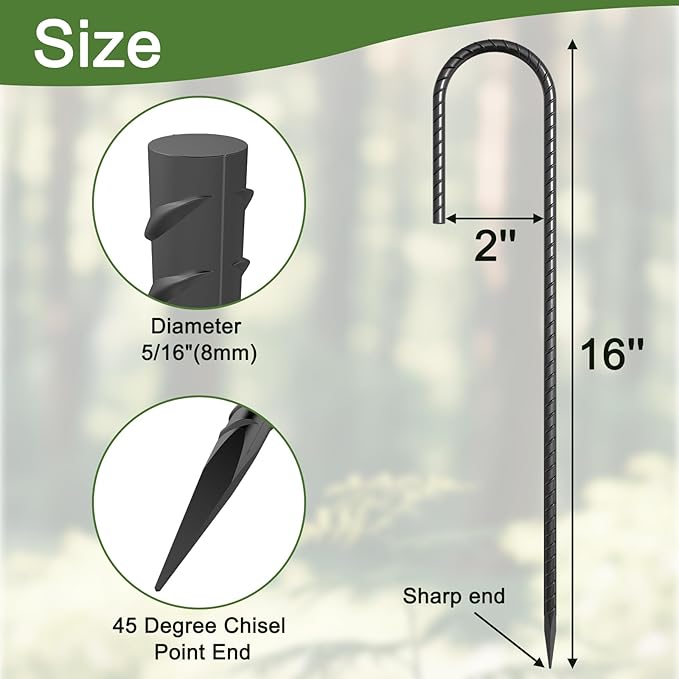 OK5STAR 16 Inch J Hook Rebar Stakes 30 Pack, Heavy Duty 5/16 Inch Diameter Black E-Coated Steel Wind Resistant Ground Anchors for Trampoline, Bounce House, Dog Kennel, Chain Link Fence & Gazebo