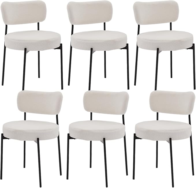 Stabrech White Boucle Dining Chairs Set of 6, Upholstered Dinner Chair with Metal Frame, Dining Room Chairs with Padded Seat, Round Modern Seating for Living Room
