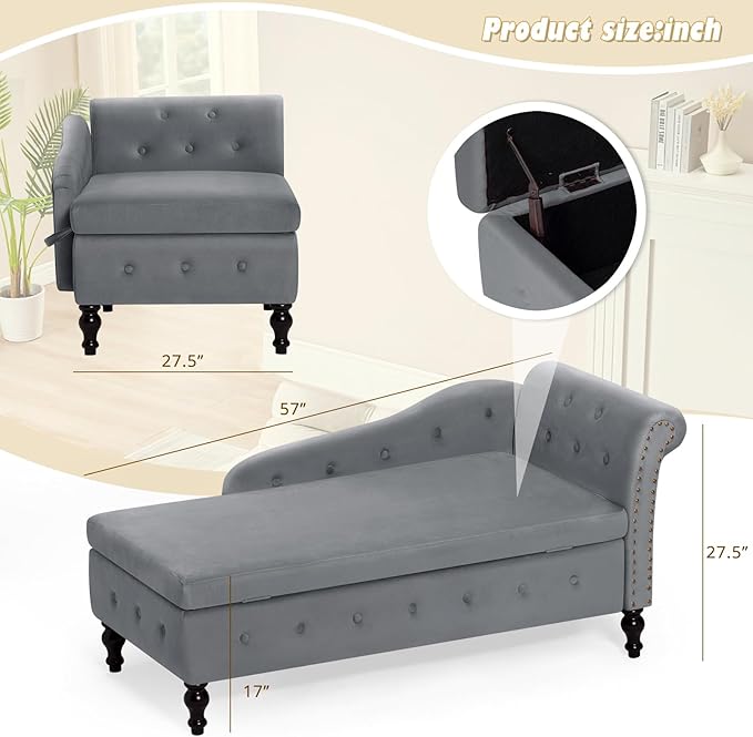 ACMEASE Upholstered Chaise Lounge with Right Armrest & Lumbar Pillow,Button Tufted Lounge Sofa with Storage,Lounge Chair Indoor,Modern Velvet Lounge Chair for Bedroom, Living Room and Office,Grey