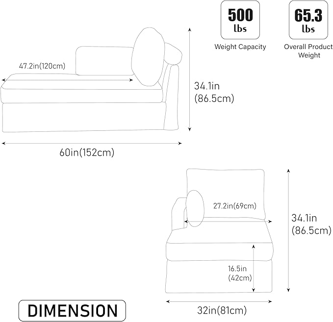KEIKI 60" Chaise Lounge Chair Indoor, Modern Deep Seat Sofa Bed, Corduroy Couch with Cushions, Single Sleeper Chair for Living Room, Bedroom, Apartments, Green (Right Side)