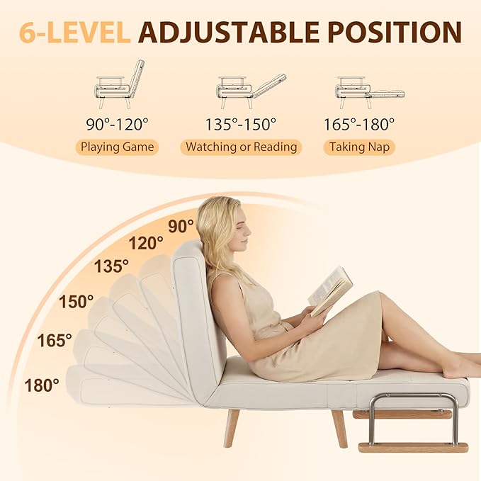 Folding Chair Bed, convertible chair to bed，3-in-1 Convertible Sleeper Chair Bed, Futon Chair with 6-Level Adjustable Backrest for Guest Room, Apartment, Dormitory, Home Office Cream Beige