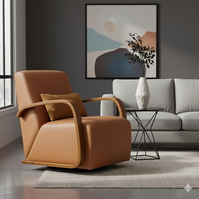 Swivel Accent Chair with Soild Wood Armrest, Modern Lounge Conversation Chair with Pillow, 360-Degree Rotation for Living Room, Office (PU Leather, Brown)