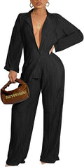 Ekaliy Women's 2 Piece Casual Pleated Outfits Short Sleeve Button Down Shirt High Waist Wide Leg Trouser Sets Suit