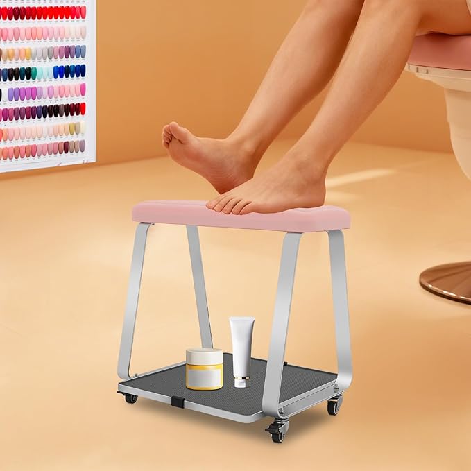 Pedicure Foot Rest, Portable Nail Salon Footrest with Organizer Tray, 110LBS Load Capacity, Lockable Casters for Beauty Nail Salon, Spa, Home, Clinic (Pink)