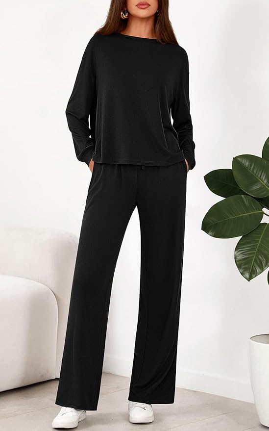 PRETTYGARDEN Womens 2 Pieces Lounge Sets Crewneck Long Sleeve Wide Leg Drawstring Pants Tracksuits Loose Fit Outfits Set