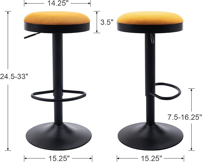 EALSON Modern Swivel Bar Stools Set of 2 Adjustable Counter Height Backless Barstools with Metal Base Fabric Upholstered Round Bar Stool Chairs for Kitchen Island/Pub/Breakfast Bar, Yellow