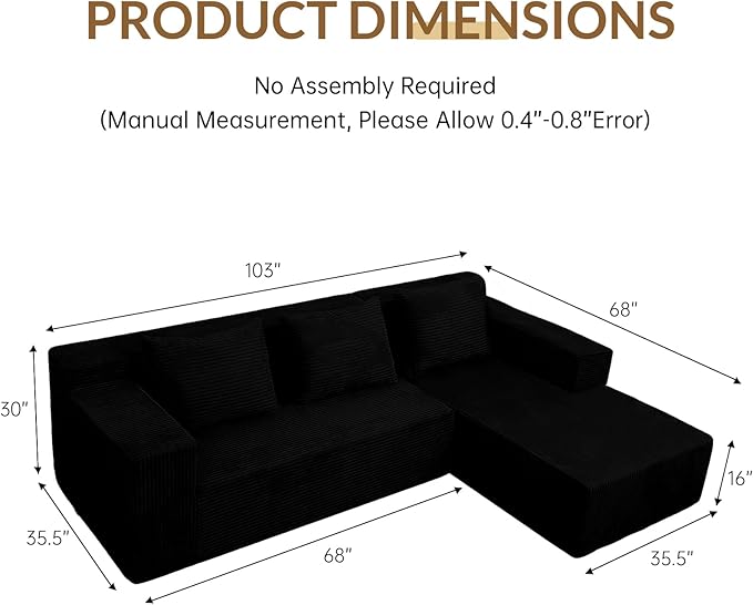 ANONER 103" Sofa Bed Sectional Cloud Couch with L-Shape Chaise, Modular Sofa with Deep Seat, Free Combination Cloud Couches for Modern Minimalist Living Room Apartment, No Assembly Required, Black
