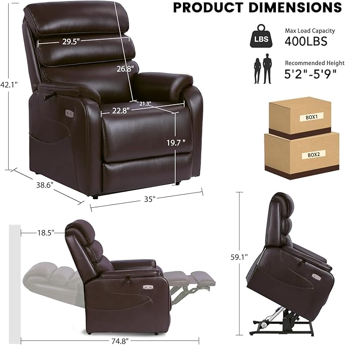 EONIX Clearance Dual Motor Lay Flat Power Lift Recliner Chair for Elderly with Heat and Massage, Electric Leather Lift Chair with Charging Ports, FSC Oeko 400lbs Heavy Duty, SLRY003061, Dark Brown