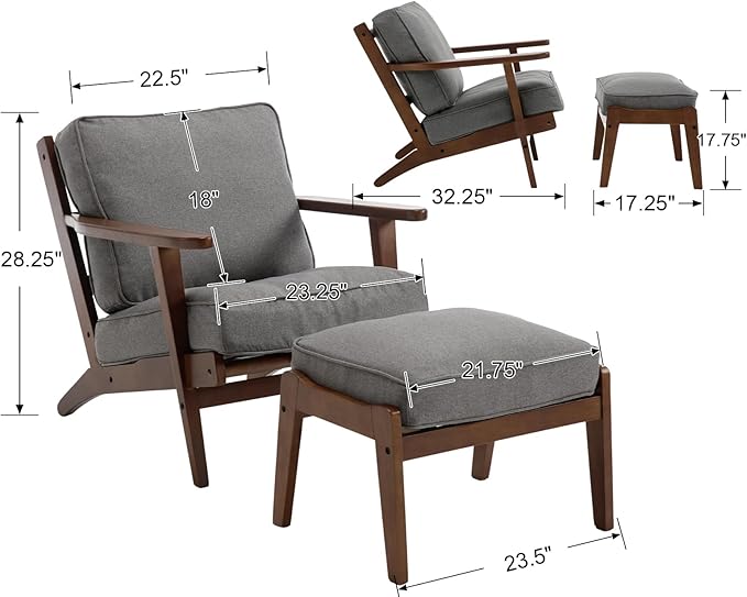 chairus Mid-Century Modern Accent Chair with Ottoman Linen Fabric Upholstered Living Room Chair for Bedroom Reading Room Lounge with Arm & Solid Wood Frame, Fabric Grey