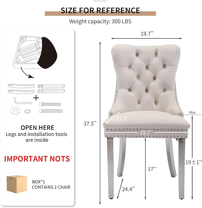 YeahFurn Mid Century Modern Dining Chairs Set of 2, Beige Velvet Upholstered Tufted Back, Kitchen & Dining Room Chairs, Brushed Silver Metal Legs, Nailhead Trim, Sillas para Comedor (Beige, 2 Pcs)