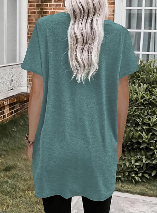 Poetsky Summer Womens Tunic Tops for Leggings with Pockets Short Sleeve Casual Long T Shirts S-3XL