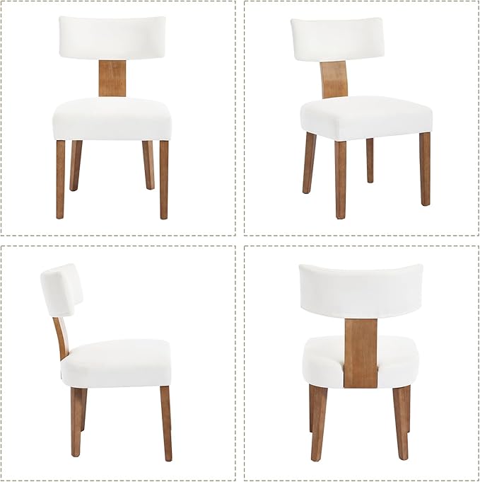 KHISCHMO Mid Century Modern Dining Chairs, Upholstered Linen Fabric Chairs with Curved Backrest and Wood Legs, Comfy Kitchen Vanity Chair for Dining Room/Living Room/Kitchen, Set of 4 Cream