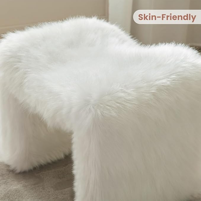 Ottoman Set of 2 Small Footstool Ottoman Vanity Stool Chair Faux Fur Seating Backless Modern Foot Rest Furry for Makeup Room Living Room Bedroom Entryway,White (2-in-1)