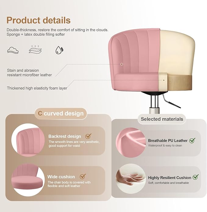 HDHNBA Small Desk Chair Round Rolling Chair with Back PU Leather Height Adjustable Swivel Vanity Work Computer Stool Chair for Home Office Bedroom, Set of 4