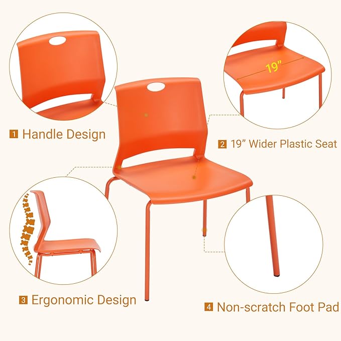 Sidanli Stackable Office Chairs, Orange Guest Chairs with Comfortable Streamline Seat, Stacking Chairs No Wheels for Conference Room, Set of 4.