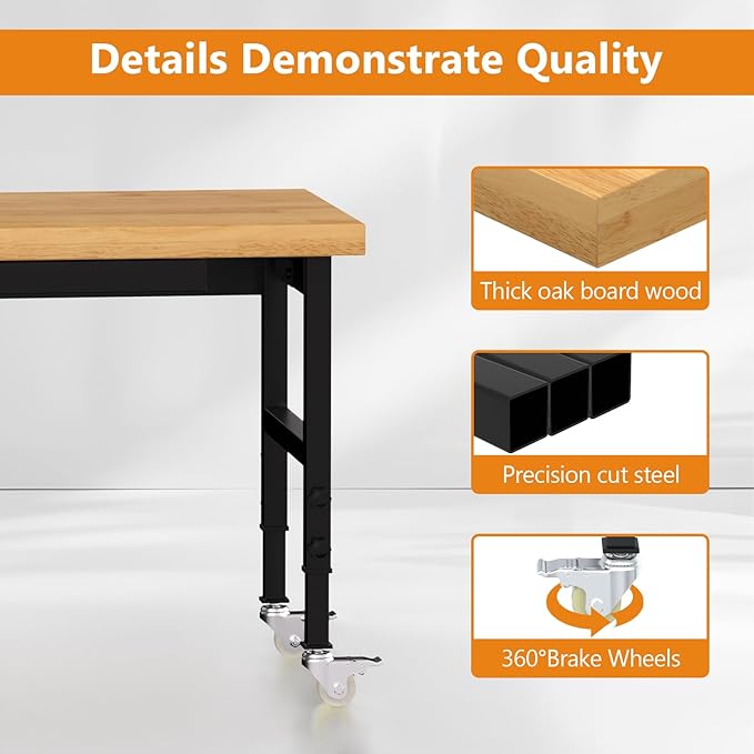 48" Heavy-Duty Solid Wood Work Bench with Drawers, Adjustable Height Workbench with Wheels, 2000 LBS Capacity Work Table with Power Outlets for Garage, Workshop(48" X 24")