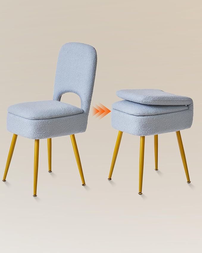 IBUYKE Small Storage Vanity Stool with Folding Backrest, 12.99" x 13.78" x 31.5" Square Teddy Velvet Ottoman, Makeup Chair for Living Room, 4 Metal Legs with Anti-Slip Feet, Blue WBD027H