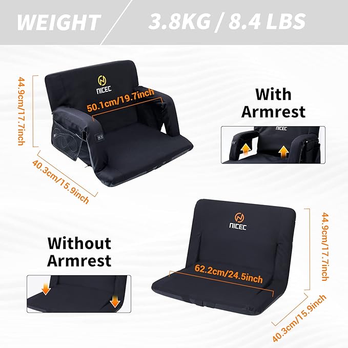 Nice C Heated Massage Stadium Seats, Floor Chair, Bleacher Seats, Reclining Waterproof Cushion, Foldable, Thick Padding, with Shoulder Straps & Side Pockets