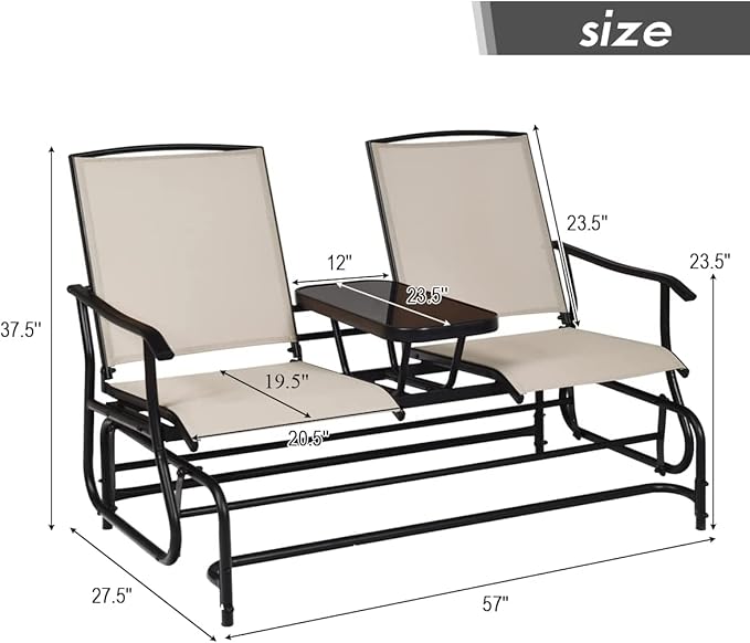 S AFSTAR 2-Person Outdoor Glider, Patio Glider Bench Chairs with Center Tempered Glass Table & Breathable Loveseat, Double Swing Glider Chair for Porch Garden Poolside Balcony Lawn (Beige)