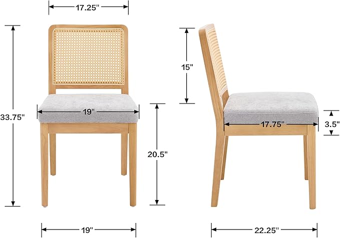 Farmhouse Rattan Dining Chairs Set of 4, Mid Century Modern Kitchen & Dining Room Chairs, Rectangle Cane Upholstered Kitchen Chairs Side Chairs with Natural Wooden Legs, Grey Chenille
