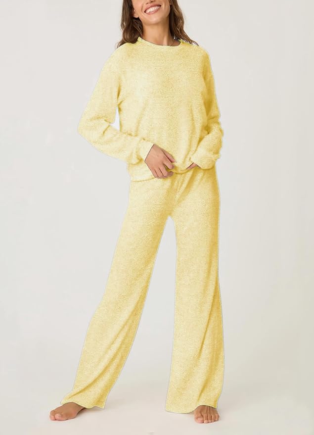 Aamikast Women's 2-Piece Lounge Set Soft Brushed Jersey Sleepwear Pajamas Set Long Sleeve Top & Wide Leg Pants