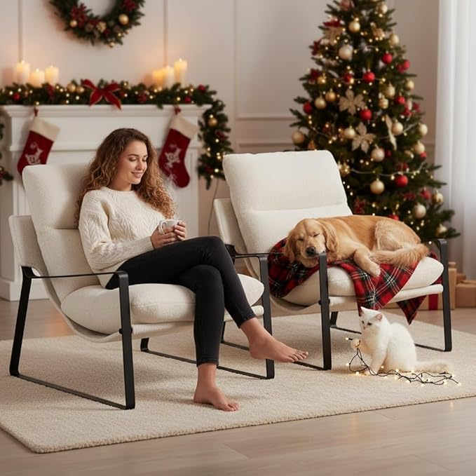 LukeAlon Modern Sherpa Accent Armchairs Set of 2, Upholstered Living Room Chairs with Metal Base Thickened Cushion Single Sofa Chairs Comfy Lounge Chairs for Bedroom Living Room, White