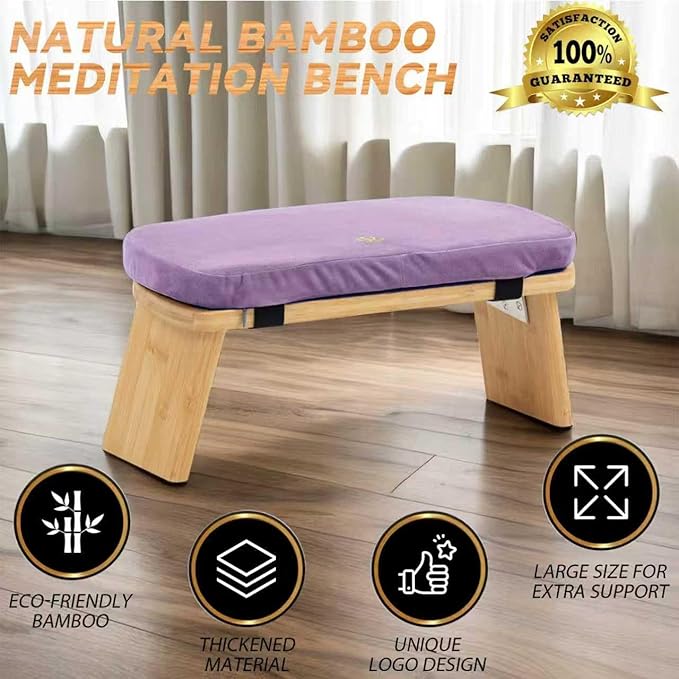 Estleys Meditation Bench, Bamboo Meditation Stool, Folding Kneeling Meditation Bench, Seiza Prayer Bench, Prayer Bench with Meditation Cushion, Kneeling Stool (Purple)