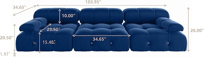 JACH 104" Convertible Modular Green Sectional Sofa, Minimalist Mid-Century Velvet Sofas Couches, Luxury Modern 3-Seat Wide Couch Sectional for Living Room Office Apartment (Blue)