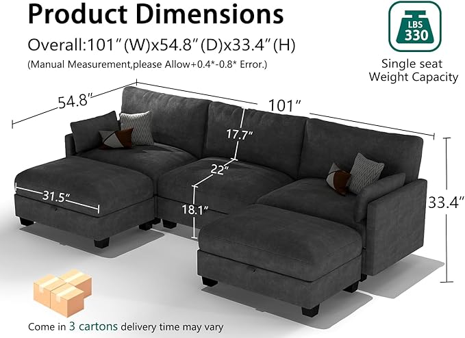 Modular Sectional U Shaped Sofa Couches for Living Room, Cloud Couch with Storage Ottoman, Comfy Chenille Sofa with Pillow, Black