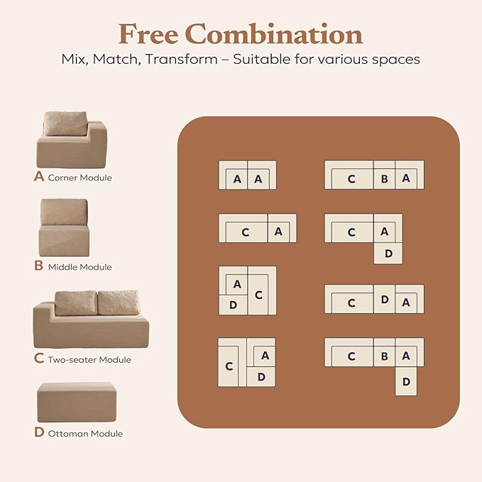 Furnify 30" Modular Upholstered Foam Couch, Upholstered Floor Sofa Couch with Pillow, Bean Bag Chair for Bedroom Living Room, No Assembly Required (Camel, Teddy Boucle)