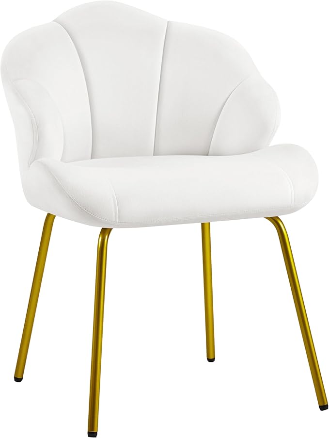 Yaheetech Vanity Chair, Velvet Accent Chair with Shell-Shaped Backrest, Modern Armchair with Gold Metal Legs for Dressing Room/Bedroom/Living Room, White